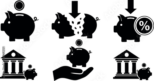 Piggy bank broken savings concept financial loss illustration vector icons