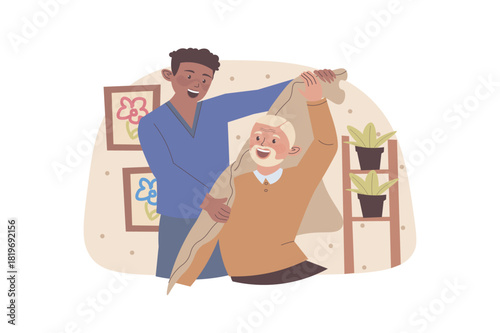 Nursing home concept with cartoon people for web design. Caregiver helping grandfather to putting jacket and clothing. Medical staff supporting and taking care elderly patients. Vector illustration.