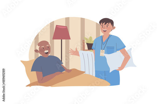 Nursing home concept with cartoon people for web design. Caregiver holding pillow and blanket for grandfather bedroom. Medical staff supporting and taking care elderly patients. Vector illustration.