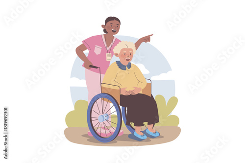 Nursing home concept with cartoon people for web design. Caregiver helping grandmother going outside at wheelchair. Medical staff supporting and taking care elderly patients. Vector illustration.