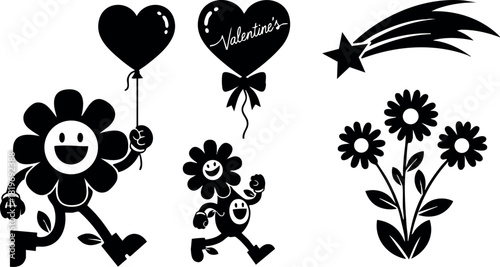 Happy smiling flower character holding heart balloon with valentines theme and shooting star with flowers vector illustration