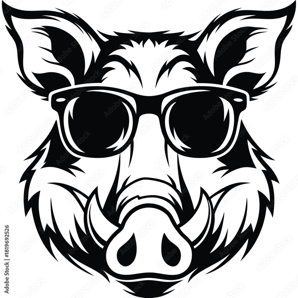 Fototapeta premium Stylized boar head wearing sunglasses presented in a monochrome black and white artistic rendering