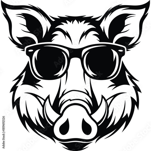 Stylized boar head wearing sunglasses presented in a monochrome black and white artistic rendering