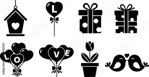 Love themed black silhouette vector set with birdhouse balloons gifts flower and birds design elements