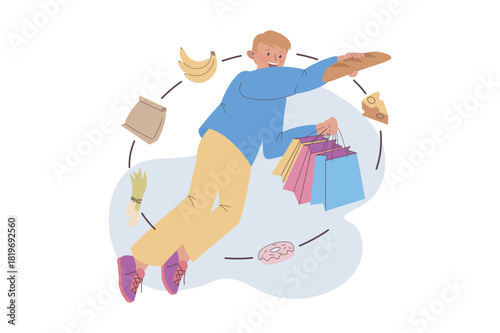 Shopping concept with cartoon people for web design. Happy man with many bags buying foods in supermarket and products in grocery store, payment at checkout with bonus savings. Vector illustration.