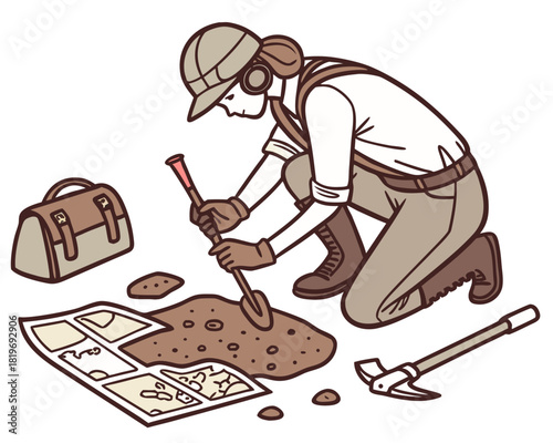 vector of an archaeologist brushing off a buried fossil at dig site, map and tools nearby, white background
