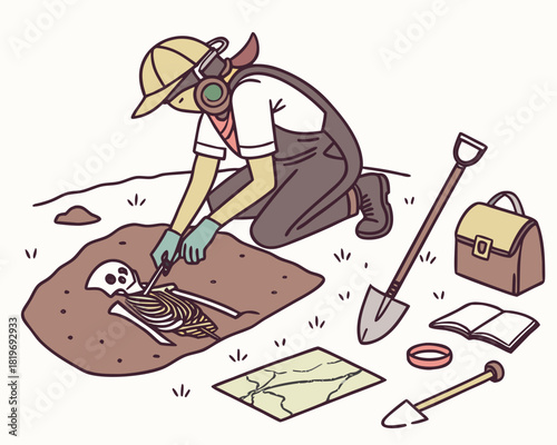 vector of an archaeologist brushing off a buried fossil at dig site, map and tools nearby, white background
