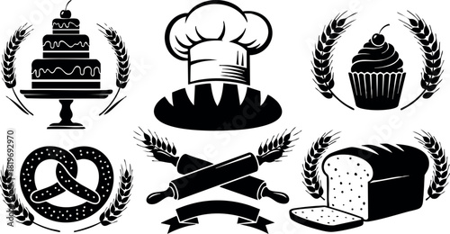 Bakery logo design collection with cake cupcake bread pretzel chef hat and rolling pins vector illustration