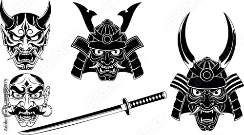 Samurai helmet demon mask katana sword black and white japanese warrior armor vector illustration