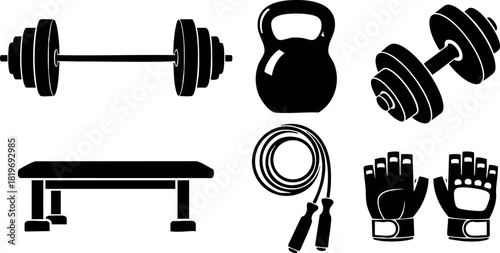 Gym equipment barbell kettlebell dumbbell bench jump rope gloves vector illustration