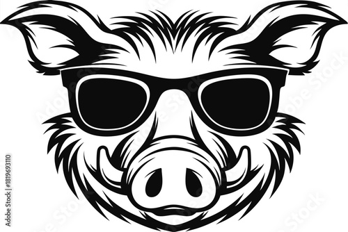 Stylized monochrome boar head proudly sports sunglasses on the white canvas perfectly and precisely