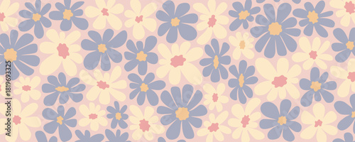 Abstract daisy groovy background with pastel blue and cream flowers on pink backdrop. Retro floral vector perfect for fabric, wallpaper, wrapping paper, and cheerful design projects
