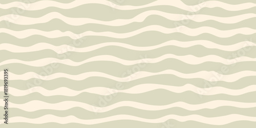 Wavy stripes pattern background with beige and sage lines with soft flowing curves. Wavy stripes pattern in soft retro colors. Great for wallpaper fabric packaging