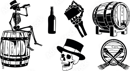 Skeleton drinking beer sitting on barrel with bottle skull in top hat beer keg and barrel with crossed spoons vector illustration