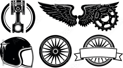 Motorcycle parts icon set piston wing gear helmet wheel badge design vector illustration