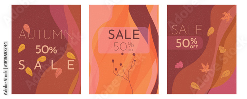 Autumn colorful sale card set, background, poster, banner, flyer with leaves and plants in dark red and orange colors. Hand drawn template for advertising, web, social media, discount.