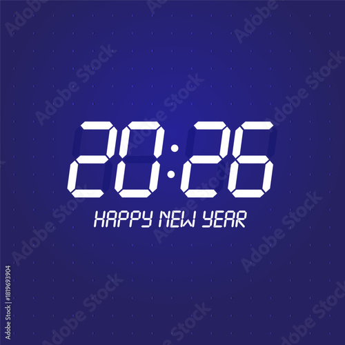 A vibrant digital clock shows the time as 2026, welcoming the New Year 2026. The dark blue background enhances the countdowns bright, festive energy, hinting at upcoming celebrations