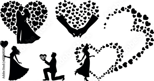 Romantic love heart silhouettes wedding couple proposal engagement vector illustration design