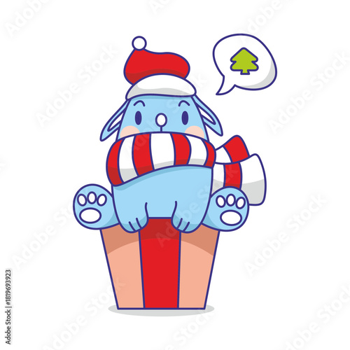 A cheerful bunny wearing a Santa hat and cozy scarf sits happily on a vibrant gift box against a bright white background. This delightful scene captures the spirit of Christmas perfectly