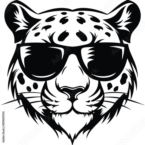 Monochrome jaguar is sporting cool sunglasses, displaying unique patterned fur around its face