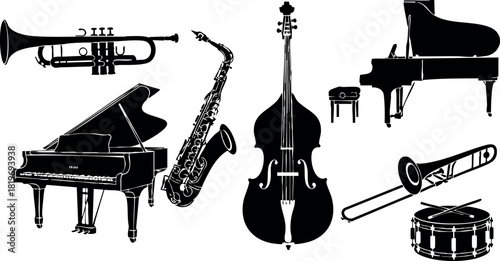 Collection of classic musical instruments trumpet saxophone piano double bass flute snare drum vector illustration