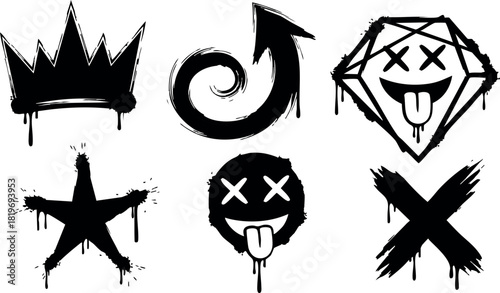 Black graffiti style urban art icons with crown star diamond and cross design vector illustration