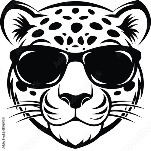 Monochrome leopard with black spots and sunglasses presents a bold, stylish, and fierce attitude