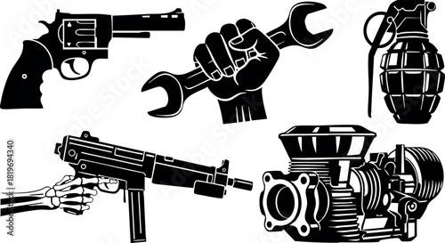 Weapons tools and mechanics hand wrench revolver machine gun grenade engine piston vector illustration