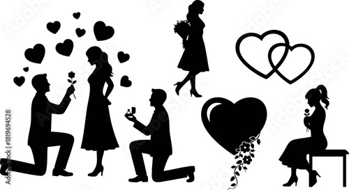 Romantic couple proposal silhouette with hearts love symbols vector illustration black and white