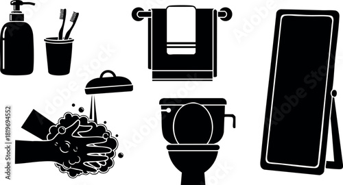 Bathroom hygiene icons hand washing soap toothbrush towel toilet mirror vector illustration