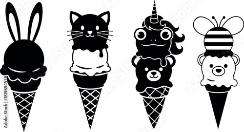 Animal themed ice cream cones with bunny cat unicorn bear and bee designs vector illustration