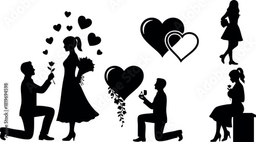 Romantic couple silhouette love proposal hearts vector illustration elegant woman man interaction feelings