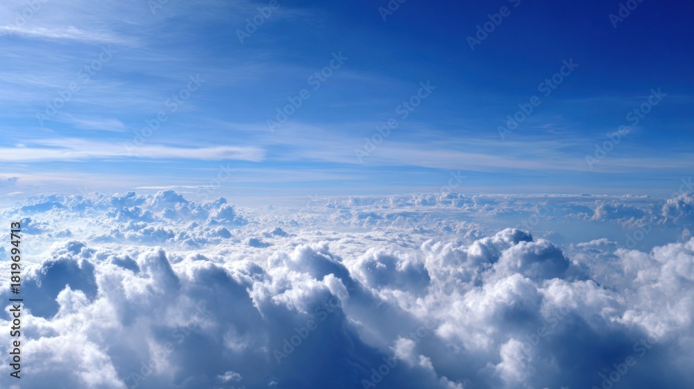 Naklejka premium Bright clouds float high in a clear blue sky during daylight. Sunlight breaks through creating a serene scene that inspires tranquility and wonder.