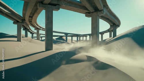 Abandoned concrete overpass overtaken by desert sand in post-apocalyptic world. Windy dunes bury urban structure in dystopian landscape of decay and isolation.