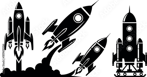Rocket spaceship launch silhouette set space exploration technology vector illustration