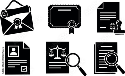 Legal document certificate envelope magnifying glass stamp vector icon set illustration