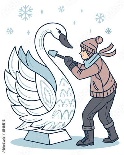 vector of an artist in winter gear chiseling ice block into swan shape, ice flakes flying, white background
