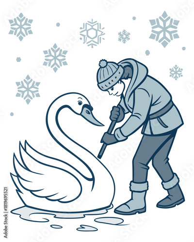 vector of an artist in winter gear chiseling ice block into swan shape, ice flakes flying, white background

