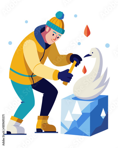 vector of an artist in winter gear chiseling ice block into swan shape, ice flakes flying, white background
