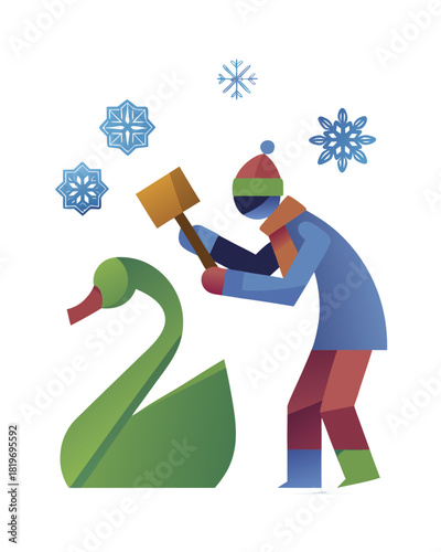vector of an artist in winter gear chiseling ice block into swan shape, ice flakes flying, white background
