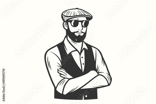 Stylish man wearing a cap and sunglasses crosses his arms with a confident expression
