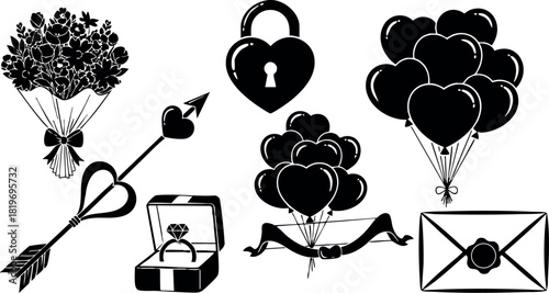 Valentine day love heart arrow bouquet balloons lock ring envelope romantic vector illustration