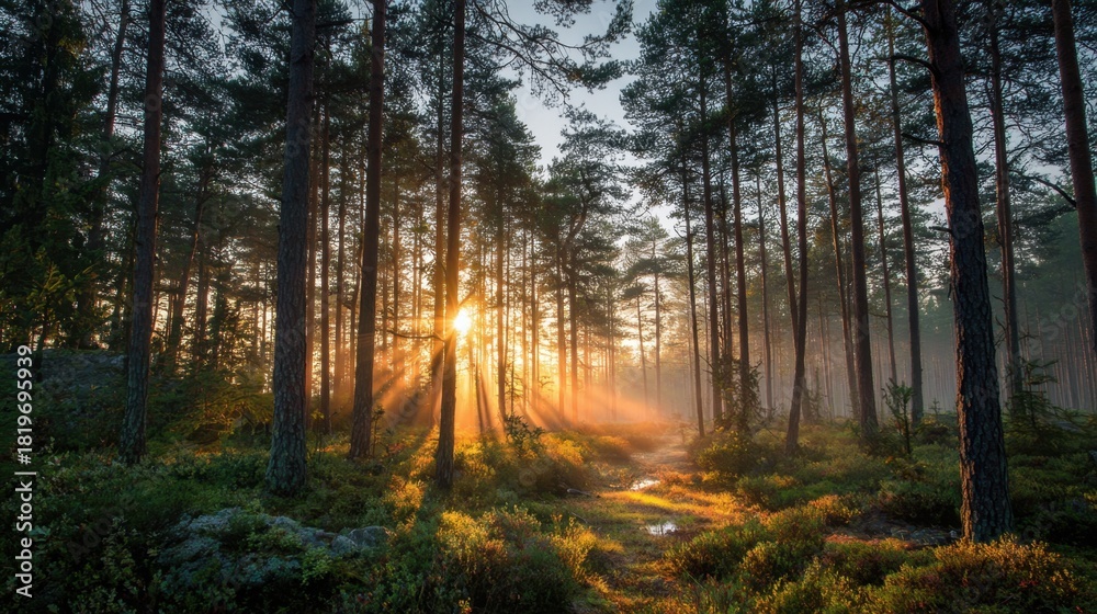 Fototapeta premium Soft sunlight breaks through tall pine trees in the early morning illuminating a misty forest scene. The ground is lush with ferns and shrubs enhancing the tranquil beauty of nature.
