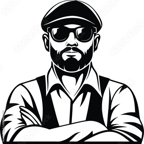 Stern man with sunglasses, cap, shirt, and arms crossed conveys an assertive demeanor