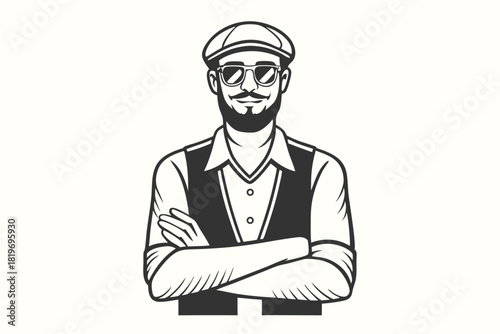 Monochromatic shows confident man wearing a cap and sunglasses with crossed arms