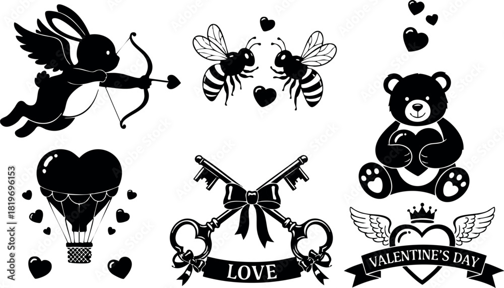 Fototapeta premium Valentine themed black silhouettes cupid bees teddy bear hot air balloon keys love hearts vector illustration