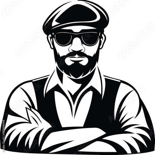 Silhouette of a bearded man wearing sunglasses and beret with arms crossed exudes confidence