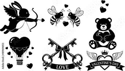Valentine themed black silhouettes cupid bees teddy bear hot air balloon keys love hearts vector illustration