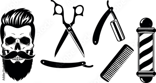 Skull with mustache hair barber scissors razor comb pole vector illustration monochrome vintage style
