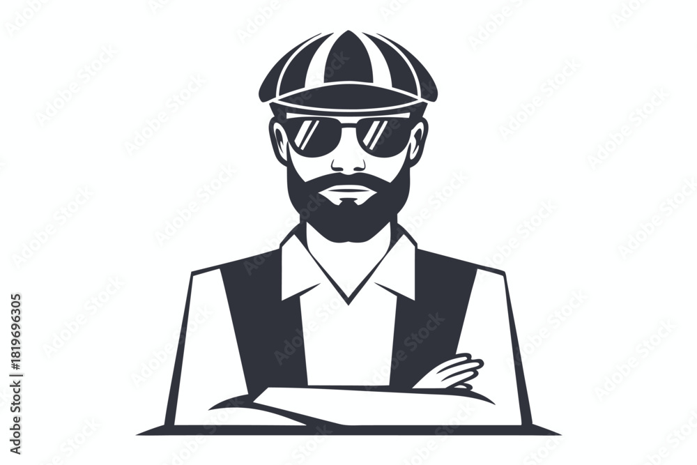 Obraz premium Monochrome shows a bearded man wearing a cap and sunglasses with arms crossed